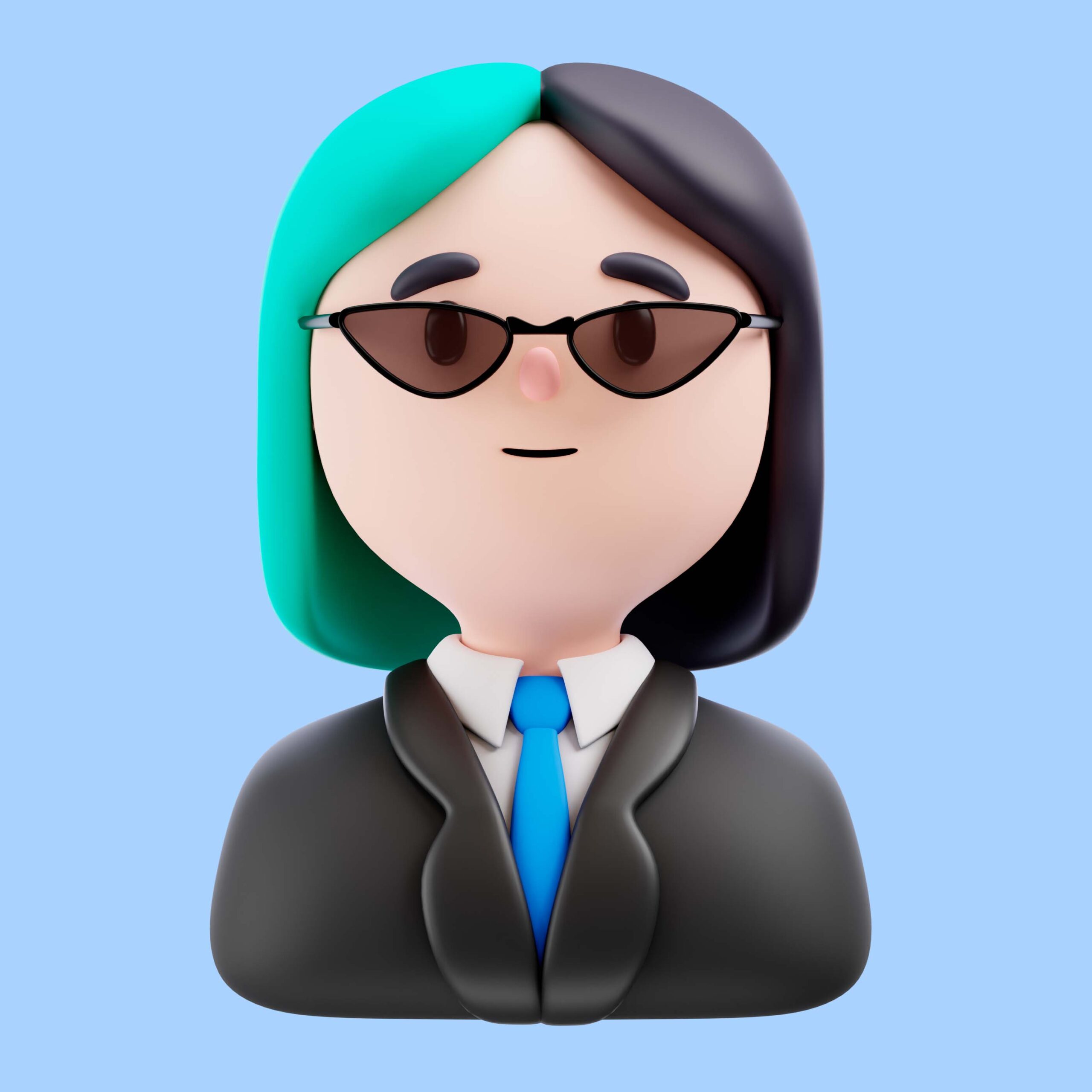 A blue haired woman wearing glasses and a black suit.